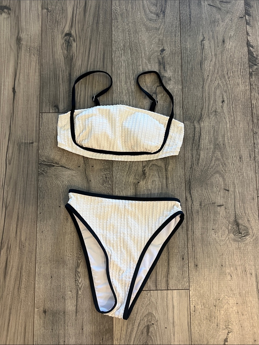 Textured White Bikini with Black Trim